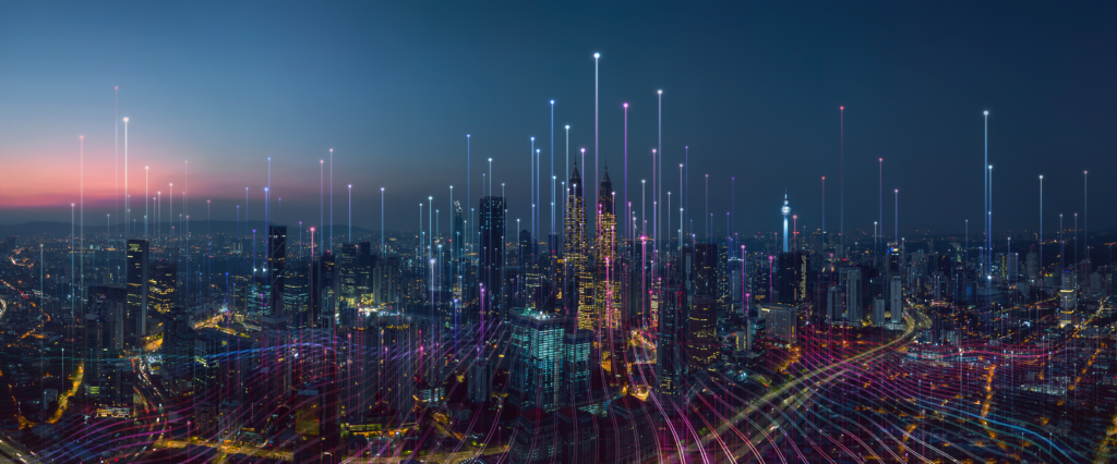 City skyline at dusk with overlay of nodes reaching to sky
